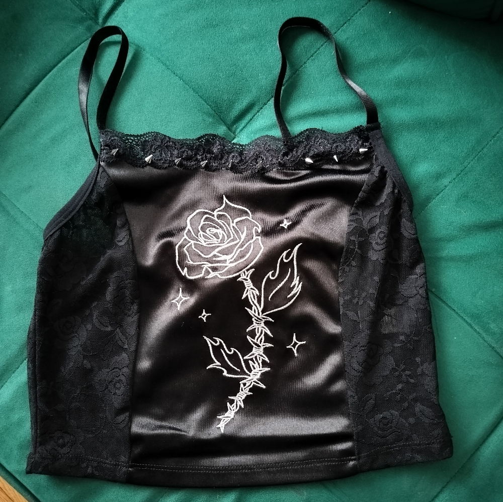Current Mood Black Satin Rose Crop Top